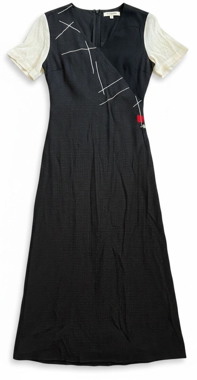 Vtg 90s KD Spring Lagenlook Maxi Dress BIG Oversized Cat Logo Artsy Colorblock S